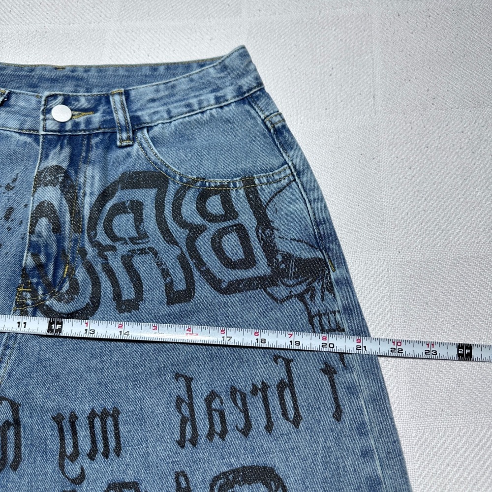 Romwe Wide Leg Jeans Womens Medium 6 Skeleton Skull Oni Demon Print Blue Denim - Picture 11 of 15